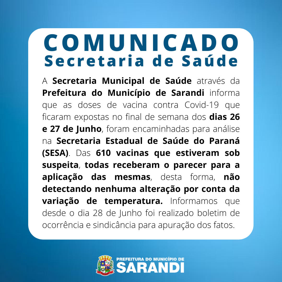 Comunicado Secretaria de Saúde - Doses de Vacina contra Covid-19